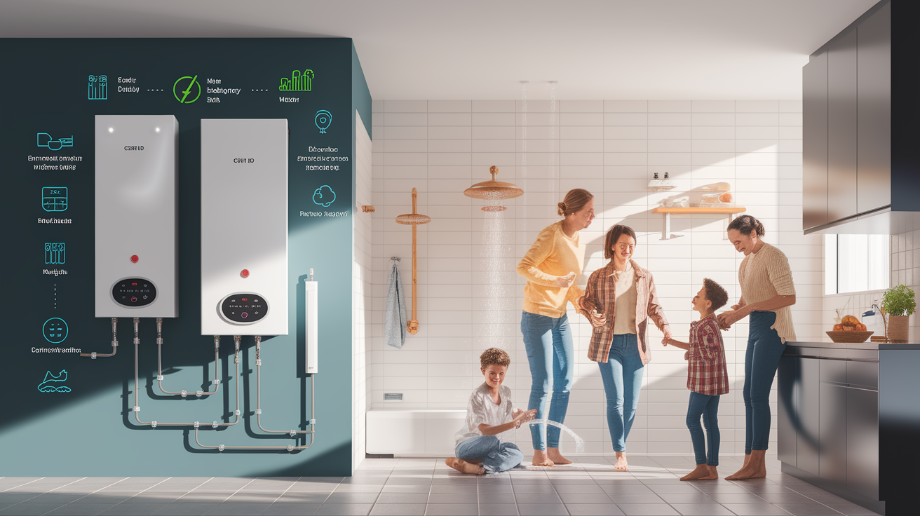 A conceptual illustration representing Benefits of Going Tankless. Visualize the main ideas: . Creative but clear representation of the concept. Style: photorealistic. high quality, detailed, professional, clean composition, good lighting, sharp focus, well-composed. high quality, professional, detailed, well-composed