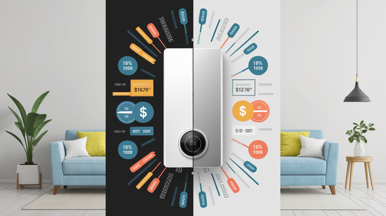 A side-by-side comparison visual for Comparing Costs: Tankless vs. Traditional. Show contrasting elements: . Use clear visual separation, possibly with split-screen or before/after layout. Style: photorealistic. high quality, detailed, professional, clean composition, good lighting, sharp focus, well-composed. high quality, professional, detailed, well-composed