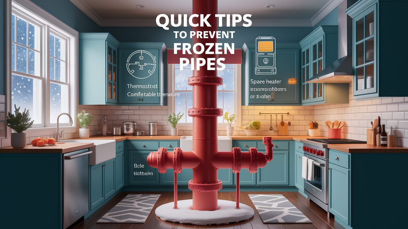 A conceptual illustration representing Quick Tips to Prevent Frozen Pipes. Visualize the main ideas: . Creative but clear representation of the concept. Style: photorealistic. high quality, detailed, professional, clean composition, good lighting, sharp focus, well-composed. high quality, professional, detailed, well-composed