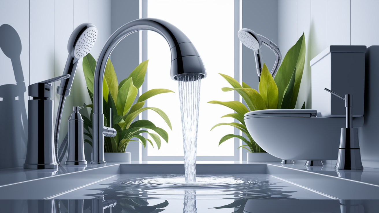 A conceptual illustration representing Water-Saving Fixtures. Visualize the main ideas: . Creative but clear representation of the concept. Style: photorealistic. high quality, detailed, professional, clean composition, good lighting, sharp focus, well-composed. high quality, professional, detailed, well-composed