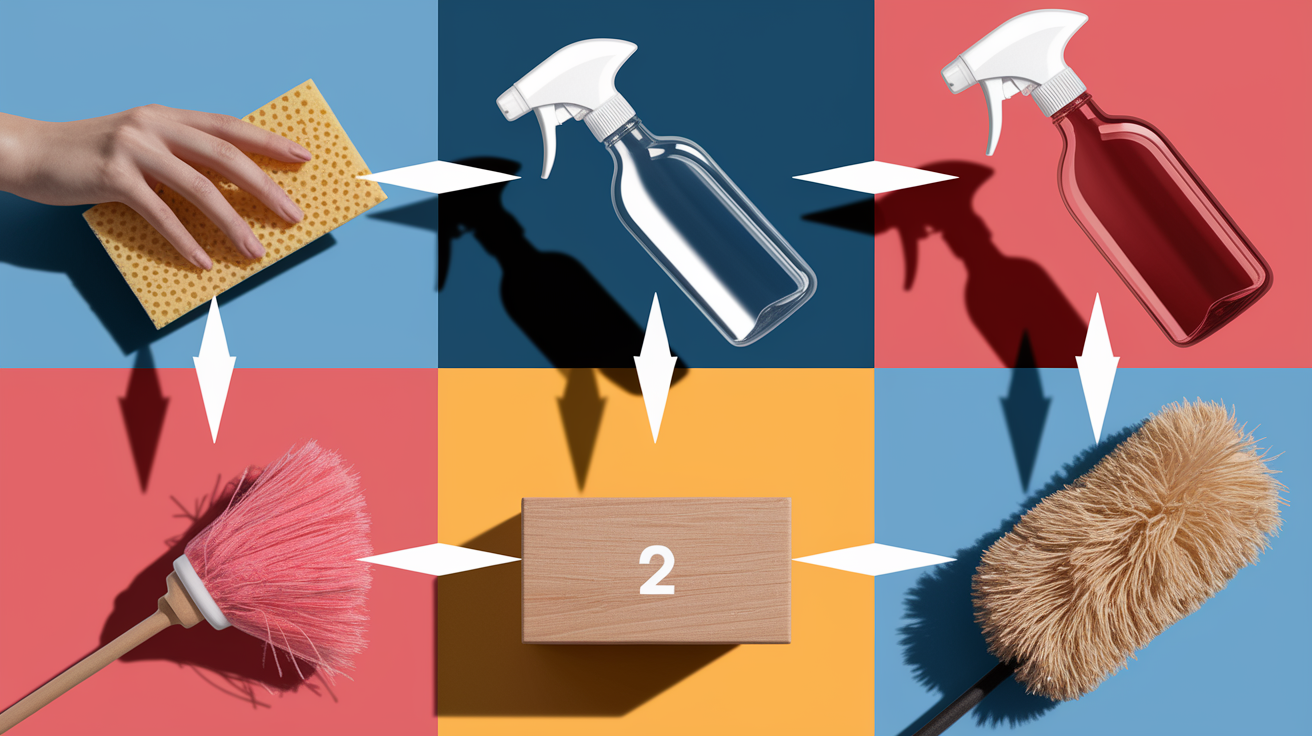 Photorealistic, high-quality visual flow diagram illustrating a step-by-step cleaning process. Focus on clearly defined stages with individual visual representations of each step. Include prominent, non-distracting arrows or numbered markers indicating the precise sequence.  Vivid and specific visual elements demonstrating the actions in each stage (e.g., hand holding a sponge for a 