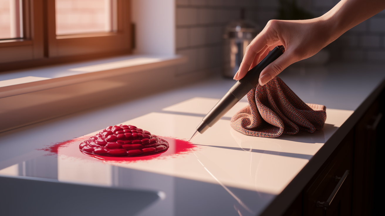 A highly detailed, photorealistic illustration of a pristine white countertop, meticulously clean except for a small, challenging-looking spill of vibrant, clotted crimson liquid &ndash; a visual metaphor for a stubborn stain. Next to the stain, a hand, partially visible with a polished fingernail, holds a gleaming, modern cleaning tool - perhaps a precision stain remover pen or a specialized microfiber cloth with an interesting texture, demonstrating 